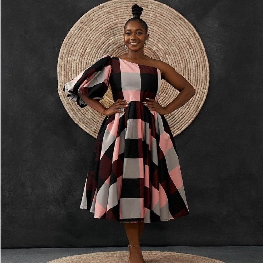 Black and Pink Geometric One Shoulder Cocktail Dress